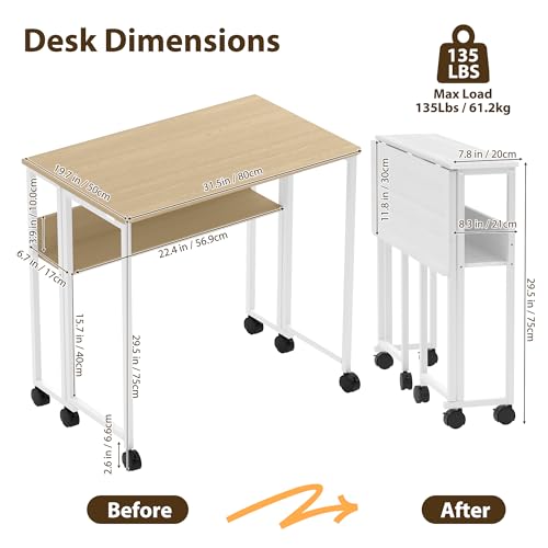 GarveeHome Folding Desk Small Rolling Desk with Storage Shelf,31.5 Inch Foldable Computer Table with Wheels,Portable Office Desk for Small Space Sofa Table,Easy to Fold - color: 31.5" Oak