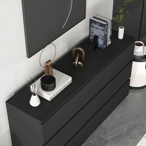 FAMAPY Chest of Drawers Dresser No Handles, 6 Drawer Dresser with Wide Storage, Modern Contemporary 6-Drawer Chest, for Bedroom Black (59”W x 15.7”D x 32.3”H) - color: Black