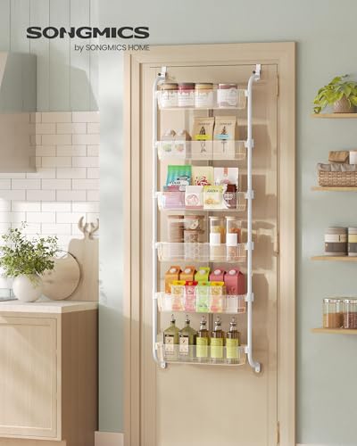 SONGMICS Over the Door Pantry Organizer, 6-Tier Kitchen Pantry Door Organizer with Adjustable Tall Baskets, Hanging Spice Rack, for Bedroom Bathroom Laundry Room, Transparent UKCS046WG01 - color: Transparent