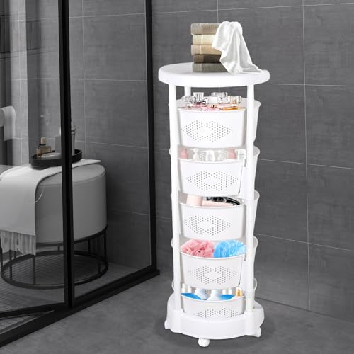5 Tier Rotating Storage Shelf with Lockable Casters, Circular Rotating Basket Large Storage Rack with 360° Wheels 180° Rotating Multi-Layer Kitchen Storage Shelf (5 Tier) - size: 5 Tier