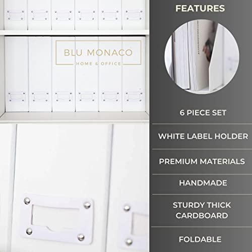 BLU MONACO Set of 6 Foldable White Magazine File Holders | Vertical Desk File Organizer Boxes With Leather Label Holders | Stylish Cardboard Magazine Storage for Shelves, Workspace and Home Office - color: Pure White