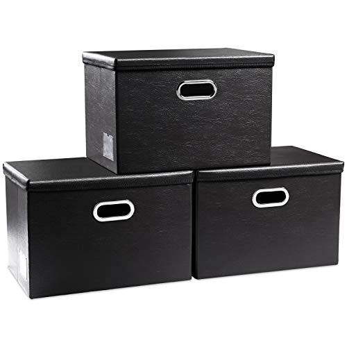 PRANDOM Large Foldable Storage Bins with Lids [3-Pack] Leather Fabric Collapsible Storage Boxes Organizer Containers Baskets Cube with Cover for Home Bedroom Closet Office Black(17.7x11.8x11.8) - color: Black, size: Large(3-Pack)
