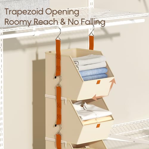 Homsorout Collapsible Hanging Closet Organizer - 3 Tier Closet Shelves Storage System with Hooks, Fabric Hanging Storage Bins for Clothes, Foldable Storage Basket for Laundry, Bedroom, Rv, Beige - color: Beige, size: 3 shelves