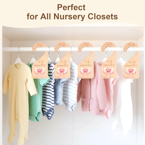 7PCS Wooden Baby Closet Dividers, Pink Bow Baby Clothes Organizer, Double-Sided Nursery Clothes Size Hanger Organizer from Newborn to 24 Months for Boho Nursery Decor