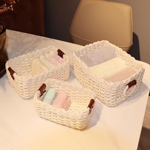 Small baskets for Organizing,Cute woven Storage basket with recycled paper rope for Shelves Bathroom,Little decorative basket,Set of 3 (Beige) - color: Beige