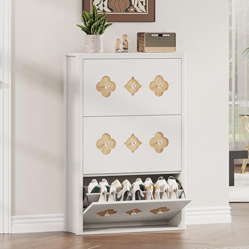 GarveeHome Shoe Storage Cabinet with 3 Flip Drawers, Narrow Wood Shoe Organizer Cabinet with Floral Pattern, Freestanding Slim Shoe Rack Cabinet with Adjustable Shelves, for Entryway, Hallway, White - color: Antique White, size: 3-Drawers