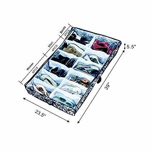 12 Cells See Through Underbed Shoes and Boots Storage Bag Organizer with Black and White Flower (Black) - 40.9x24.4x5.51 Inch - color: black