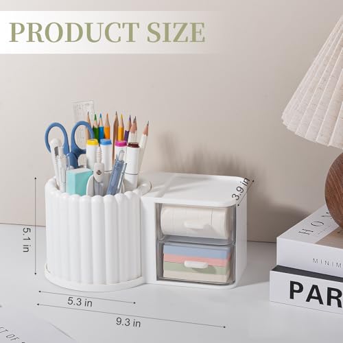 Anyoifax 360° Rotating Pen Holder 7 Slots Desk Organizer with Drawer Removable Pencil Cup Plastic Art Supplies and Accessories Desktop Storage Box Caddy for Office, School, Home (White) - style: White+Drawer