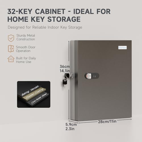 WeHere 32 Key Lock Box - Wall Mounted Key Cabinet with 3-Digit Combination Lock & Backup Key, Key Organizer Lockbox for Home, Office, Rental, Property Management, Includes Key Tags - size: 32 Key Box (Basic)