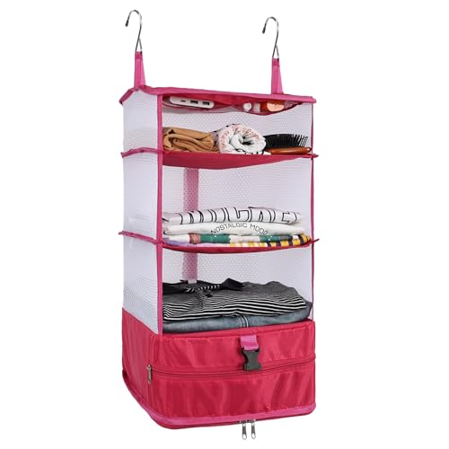 Surblue Hanging 3-Shelf Closet Organizer Pocket Collapsible Washable Oxford Fabric with 2 Hooks (L 11.41 * 11.41 * 19.68in, Rose) - color: Rose, size: L 11.41*11.41*19.68in