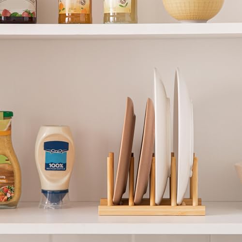 HBlife Bamboo Dish Plate Bowl Cup Book Pot Lid Cutting Board Drying Rack Stand Drainer Storage Holder Organizer Kitchen Cabinet（Keep Dry） - color: Bamboo 4 Slots 1pcs