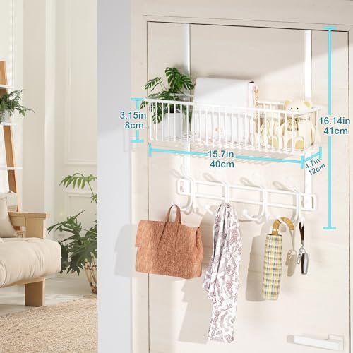 Kaiferty Over The Door Hooks Organizer,Door Hanger Door Storage with Basket,Over The Door Towel Rack Coat Hooks with 12 Hooks,for Bathroom,Bedroom,Kitchen,Office,Apartment(White) - color: 1 Wire Basket-White