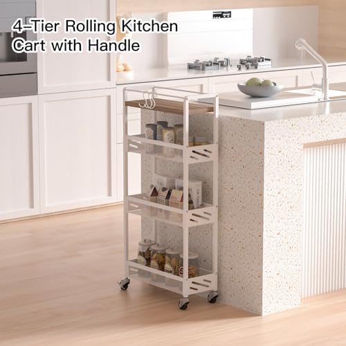 DGSNADGO Slim Rolling Storage Cart, 4-Tier Kitchen Cart on Wheels, Narrow Utility Cart with Handle and Wooden Tabletop for Small Space in Kitchen, Living Room, Bathroom, Laundry Room, Beige and White - color: Beige+white