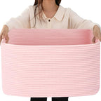 75L Large Woven Storage Basket, Pink Cotton Rope Laundry Hamper with Handles, 22”x17”x12” Rectangle Blanket Basket for Toys, Clothes, Pillows, Nursery and Living Room,Shelf Basket - color: Soft Pink