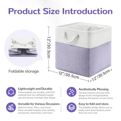12 x 12 Inch Cube Storage Bins, 4 Pack Fabric Storage Basket with Handles, Foldable Boxes Organizer for Shelf Baskets for Home, Clothes (White/Purple) - color: WhitePurple, size: 12inX12inX12in-4P
