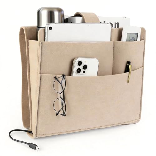Felt Bedside Caddy, Large Bed Storage Organizer Hanging Bag Holder with Cord Slit,Magazine Book Phone and Remote Caddy for Bed Home Dorm Sofa,Bedside Pouch - color: Beige