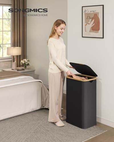SONGMICS Laundry Hamper, Laundry Basket with Lid, Foldable Storage Basket, Bamboo Frame, for Bedroom, Living Room, Oxford Fabric, 26.4 Gal. (100 L), Ink Black ULCB518BH01 - color: Ink Black, size: 100 L (1-Section)