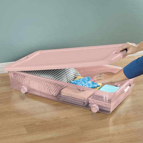 Sterilite 12 Pack Wheeled Under Bed Storage Container, 56 Qt Plastic Bin w/Latching Lid for Organization - Clothes & Shoes Organizer, Pearl Blush Tint - color: Pink, size: 12 Pack