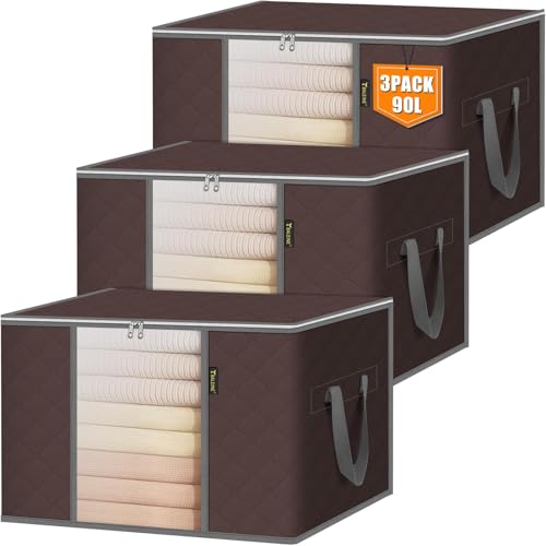 BALEINE 3 Pack Clothes Storage Bags, 24 Gallon Storage Containers with Reinforced Handle, Sturdy Zipper, Closet Organizer for Blanket, Comforter, Pillow, Bedding (Brown, 3 Pack) - color: Brown, size: 3 Pack-24 Gallon