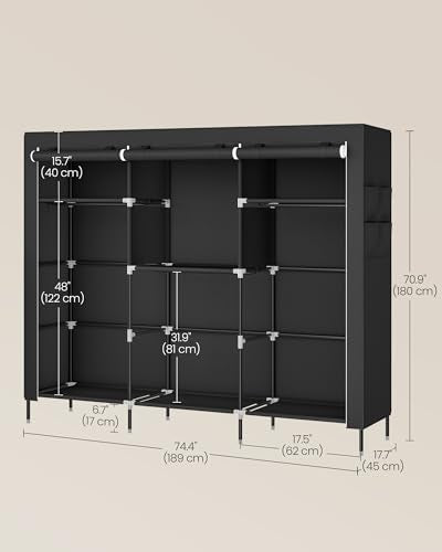 SONGMICS Portable Closet, Fabric Wardrobe, Clothes Rack with Shelves, Pockets, Large Capacity, 4 Hanging Rods, 74.4 x 17.7 x 70.9 Inches, Black URYG011BZ02 - color: Black, size: 3 Tiers(70.9"H)