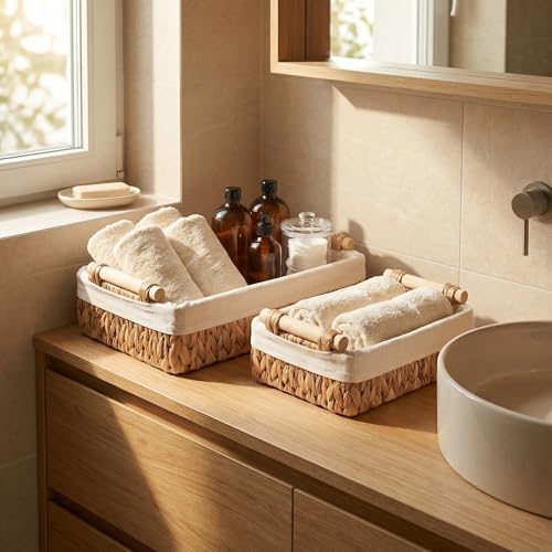 Set of 2 Water Hyacinth Bathroom Basket Organizers with Liner, Wicker Storage Baskets for Shelves, Bathroom Counter & Vanity, Wooden Handles for Towels & Toiletries - color: Water Hyacinth