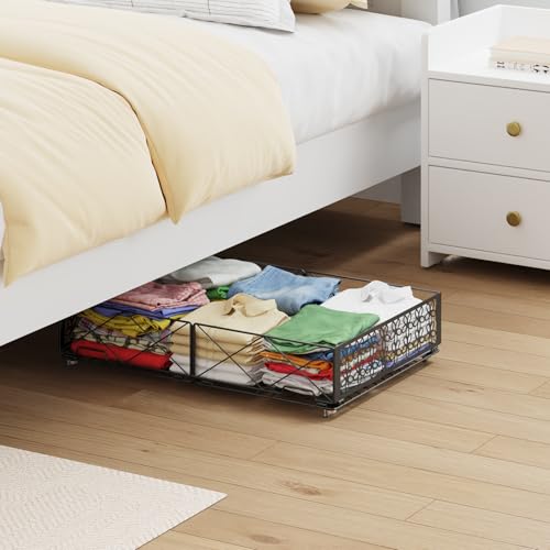 Under Bed Storage with Wheels, Rollable Under Bed Storage Container, Foldable Metal Under Bed Organizer for Bedroom Clothes Shoes Blankets Storage (1black, Black) - style: 1 Pack
