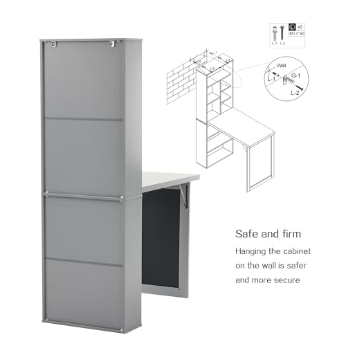 Folding Desk with Storage,Foldable Convertible Writing table with Blackboard and Shelves,Wall Mount Fold Out Table Cabinet , Space-Saving Murphy Desk for Multi-Function Home Office Workstation (Grey) - color: Grey