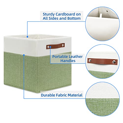 Temary 12 Inch Fabric Storage Cubes Storage Bins with Leather Handles, 4 Pack Cube Baskets Bins for Organizing Closet, Foldable Cloth Baskets for Shelves (White&Green) - color: White&Green, size: 12×12×12