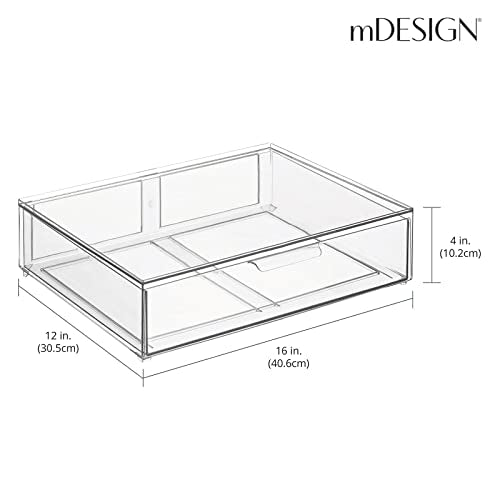 mDesign Wide Plastic Stackable Bathroom Storage Organizer Bin with Pull Out Drawer for Cabinet, Vanity, Shelf, Cupboard, Cabinet, Countertop, Closet Organization - Lumiere Collection - 2 Pack - Clear - size: 12 x 16 x 4 (Pack of 2)