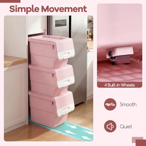 Giantex Plastic Stackable Storage Bins with Lids & Wheels, 6 Pack Open Front Stacking Bins, Organizer Bins for Pantry, Kitchen, Laundry, Closet, Playroom, Bedroom Organization (35 QT) - color: White + Pink, size: 6 Pack, 35 QT