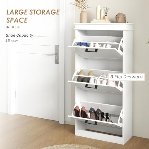 HOMCOM Shoe Storage Cabinet with 3 Flip Drawers, Freestanding Narrow Shoe Cabinet with Adjustable Shelves, Slim Hidden Rack Organizer for Entryway, Hallway, White
