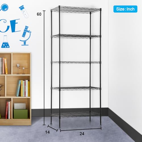 BestOffice | 5-Tier Wire Storage Shelves | 14x24x60 | Black| Heavy-Duty Metal Shelf, Holds Upto 750 lbs | No-Tool Assembly | Ideal for Home & Garage Shelving - color: Black, size: 14"D x 24"W x 60"H