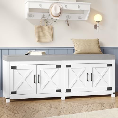 Hzuaneri Shoe Storage Bench, 2 Tier Shoe Bench with Padded Seat Cushion & 4 Barn Doors, Entryway Bench with Adjustable Shelf, Farmhouse Shoe Cabinet for Living Room, Bedroom, White SB31203GY - color: White, size: 47.2"W