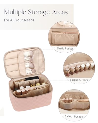 Prite Makeup Bag, Large Capacity Portable Travel Cosmetic Bag, Waterproof Makeup Organizer for Women with Handle and Divider (001 Checkered Pink) - color: 001 Checkered Pink