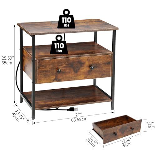 Edbuosy 27 Inch Wide Night Stand with Charging Station, Wood Nightstand with Open Shelf, Large Drawer Bedside Table for Living Room/Bedroom/Office (Retro Brown) - color: Retro Brown, size: 1 Drawer