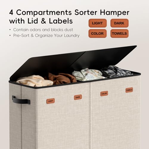 Laundry Hamper 4-Section with Lid, 185L Laundry Sorter with 4 Removable Bags + 1 Extra Large Bag, Switchable 3/4 Compartment, Laundry Basket Organizer for Bedroom, Laundry Room，Beige - color: Beige, size: 185L - 4 Section