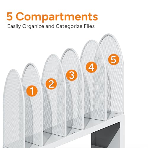 5-Section Desk File Organizer, Metal Mesh Folder Organizer for Documents, Mail & Office Papers (White) - color: White