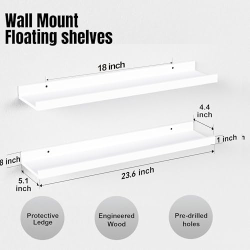 Boswillon 23.6 Inches Long Floating Shelves, 2 Set Modern White Wall Shelf for Bedroom, Nursery Book Shelf with Lip, Picture Ledge Shelf for Living Room, Bathroom, Kitchen - color: White, size: 23.6 In