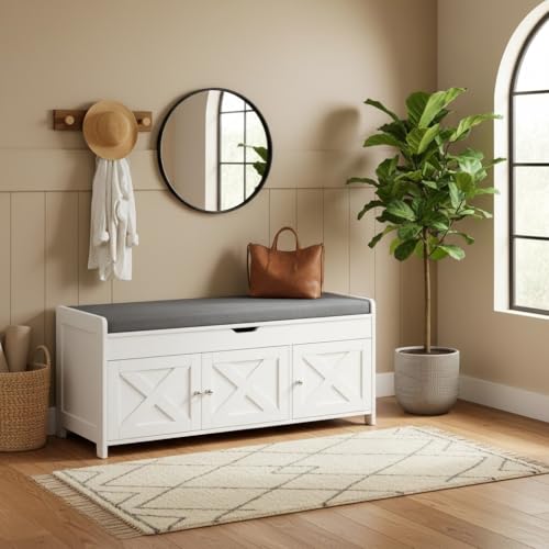 Pipishell Shoe Storage Bench, 2-Tier Shoe Bench with Cushioned Seat, Entryway Bench with Adjustable Shelf & Barn Doors, 300 lbs Capacity, 39.4" x 15" x 18", for Entryway, Bedroom, Living Room, White - color: White, size: 3 doors- 39.4" W x 15" D x 18" H
