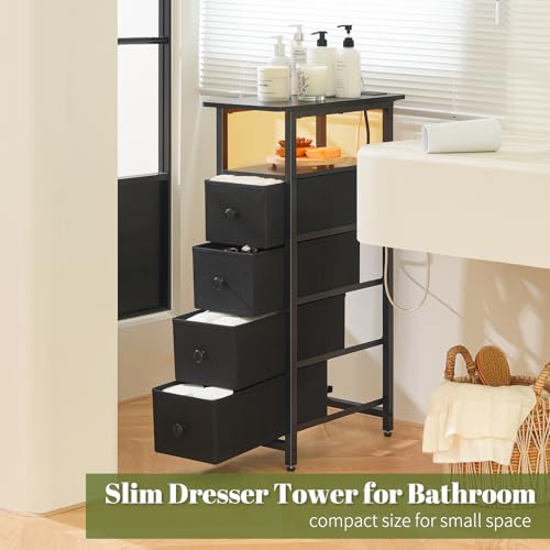 Yoobure LED Narrow Nightstand with Charging Station - Slim Dresser for Bedroom Narrow Side Table Storage Cabinet, Small Dressers Chest of Drawers, Tall Skinny Night Stand End Table for Small Spaces - color: Black