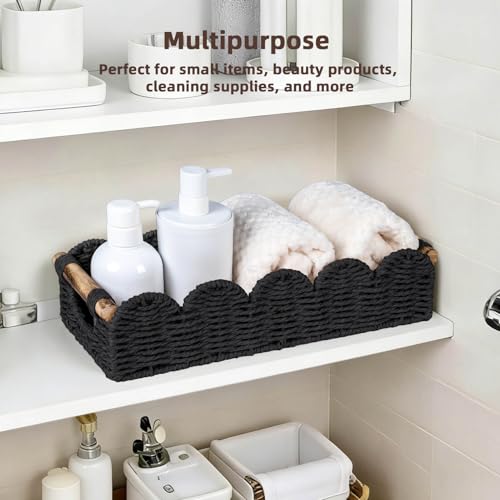 CubesLand Bathroom Basket Organizer w/Cut Out Handle, Back of Toilet Paper Storage Baskets Tray for Bathroom Countertop Decorative, Scalloped Wicker Basket Also for Home Decor, Living Room, Black - color: Black