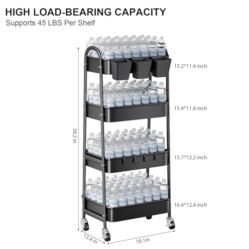 Black 4 Tier Rolling Cart Metal with Lockable Wheels, Four Tiered Tall Storage Rolling Cart on Wheels, Heavy Duty Utility Organizer Carts for Laundry, Kitchen, Dorm, Craft, Art, Snack,Mesh Basket,38in - color: Matte Black, size: 4 tier