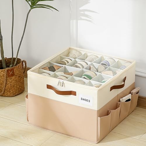 Varhomax Shoe Organizer Box for Closet, Fabric Shoe Storage Bin with Adjustable Dividers & Clear Cover, Holds up 16-32 Pairs of Sneakers & Sandals for Entryway, Cubby - color: Brown-Large-1 Pack