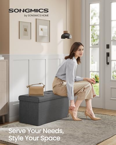 SONGMICS MAZIE Collection - 30 Inches Folding Storage Ottoman Bench, Ottoman Foot Rest, End of Bed Bench, Storage Chest, Load 660 lb, for Living Room, Bedroom, Entryway, Dark Gray ULSF47K - color: Dark Gray, size: 15"D x 30"W x 15"H