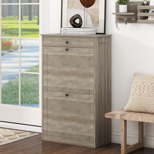 FTZxHKLX Shoe Cabinet with 2 Flip Drawers, Narrow Freestanding Shoe Storage Organizer, Slim Wooden Hidden Shoe Rack for Front Door Entrance, Closet, Hallway, Living Room, Rustic Gray - color: Rustic Gray, size: 1pcs