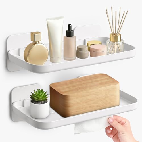 FAYYGYH 2 Pack Adhesive Floating Shelves No Drill Small Floating Shelf for Wall Storage Damage-Free Wall Mounted Organizer for Bathroom, Kitchen, Bedroom & Office (White) - color: White