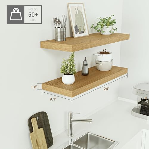 Vivelove Floating Shelves 24 inchs Long, Bathroom Shelves Over Toilet 9.1” Deep, Wall Mounted Wall Shelves for Bedroom, Living Room, Kitchen, Office, Rustic Home Decor, Oak, Set of 2 - color: Oak, size: 24”Wx9.1”Dx1.6”H