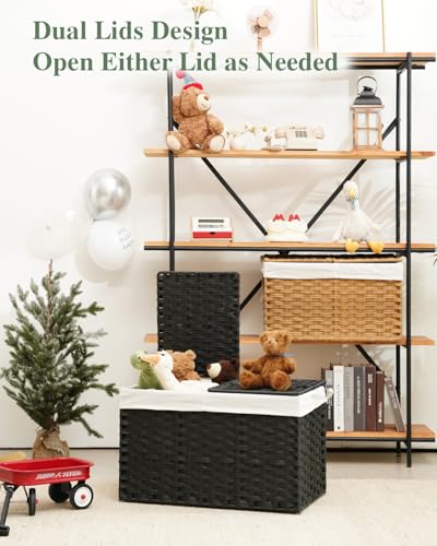 SETVSON Storage Basket with Lid Rattan Storage Basket with 2 Separate Lid, 27.8 Gallon (105 L) 25.2 * 15.4 * 16.1 Inches Woven Wicker Baskets with 2 Liners and Handles for Bedroom Laundry Black - color: Black, size: 105L-25.2L*15.4W*16.1H