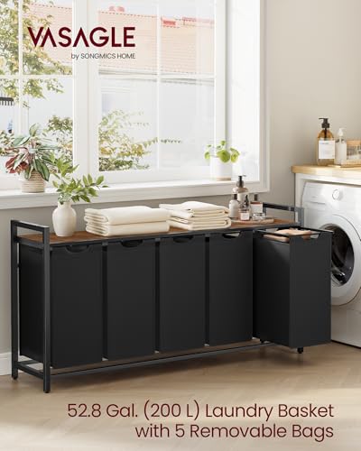 VASAGLE Laundry Hamper, Laundry Basket, Laundry Sorter with 5 Pull-Out and Removable Bags, Shelf, Metal Frame, 5 x 10.6 Gallons (40 L), 56.5 x 13 x 28.4 Inches, Ink Black and Rustic Brown UBLH501B01 - color: Black + Rustic Brown, size: 5 Bags - 200 L