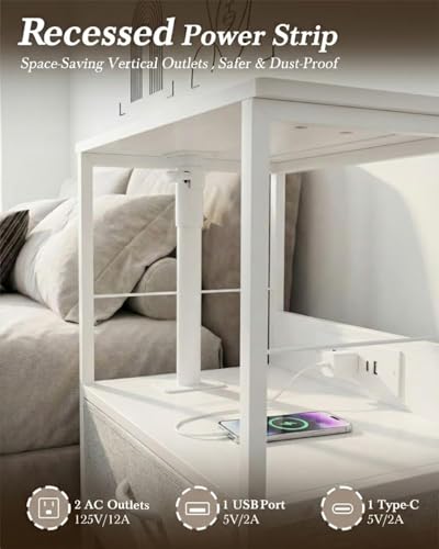 Faesun Swivel Lift Top Nightstand with Charging Station, Rolling Side Table for Recliner, Bedside Table with Wheels & 2 Fabric Drawers, for Small Spaces, for Bedroom, Living Room, White Gray - color: White Gray, size: 2 Drawers